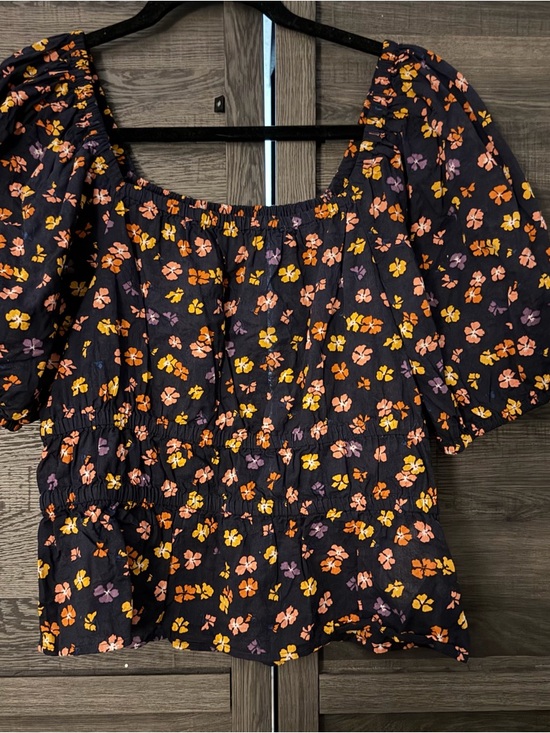 Madewell Tops - Madewell Black Floral Square-Neck Puff Sleeve Top with Orange & Pink Flowers